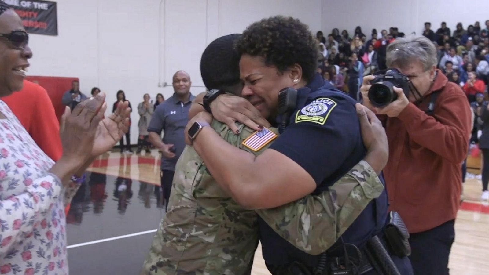 PHOTO: U.S. Army Spc. Shakir Aquil surprised his mom Atlanta Public Schools officer L.J. Williamson at a high school pep rally.