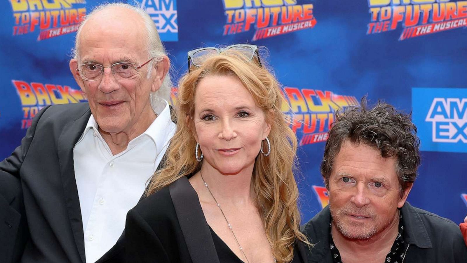 PHOTO: From left, actors Christopher Lloyd, Lea Thompson and Michael J. Fox, attend the "Back To The Future: The Musical" Gala Performance at Winter Garden Theatre on July 25, 2023 in New York City.