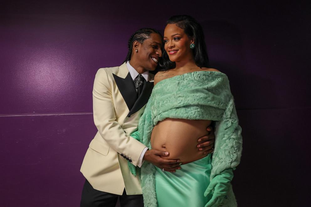 PHOTO: In this March 12, 2023 file photo, ASAP Rocky and Rihanna are backstage at the 95th Academy Awards at the Dolby Theatre in Hollywood, California.