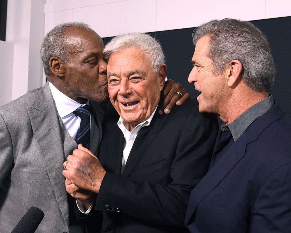 PHOTO: Danny Glover, Richard Donner and Mel Gibson arrive at The Academy Celebrates Filmmaker Richard Donner at Samuel Goldwyn Theater on June 7, 2017 in Beverly Hills, Calif.