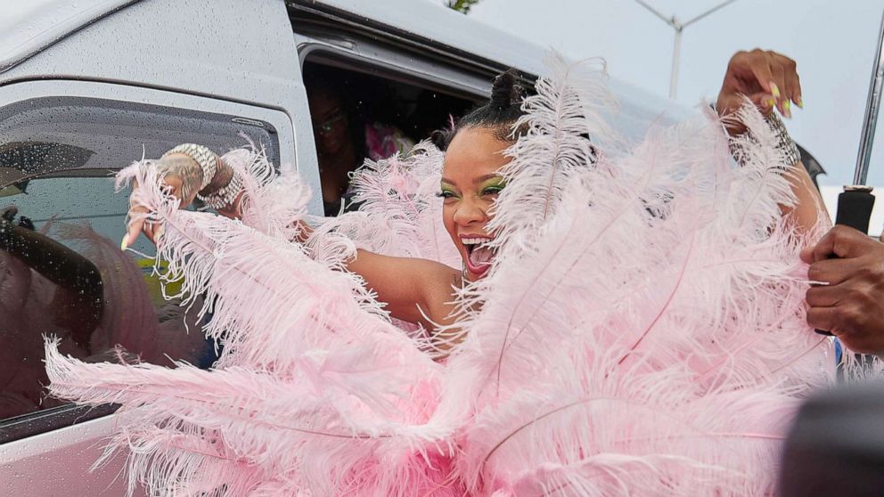 rihanna pink dress 2019 Rihanna Wears Giant Pink Feathered Dress for Crop Over Carnival 2019
