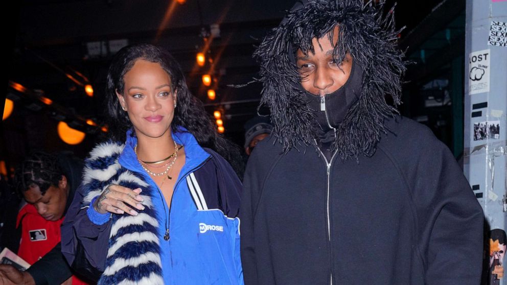 PHOTO: Rihanna and A$AP Rocky leave a restaurant, Jan. 28, 2022, in New York City.