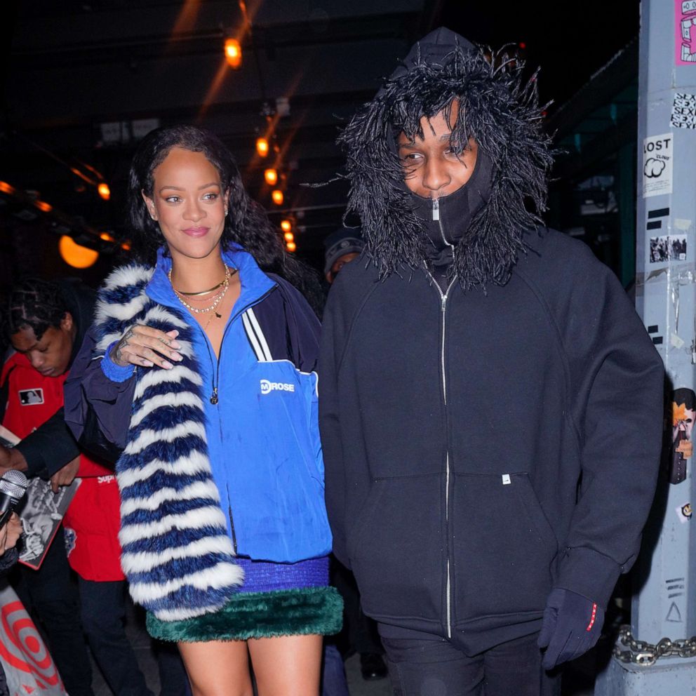 PHOTO: Rihanna and A$AP Rocky leave a restaurant, Jan. 28, 2022, in New York City.