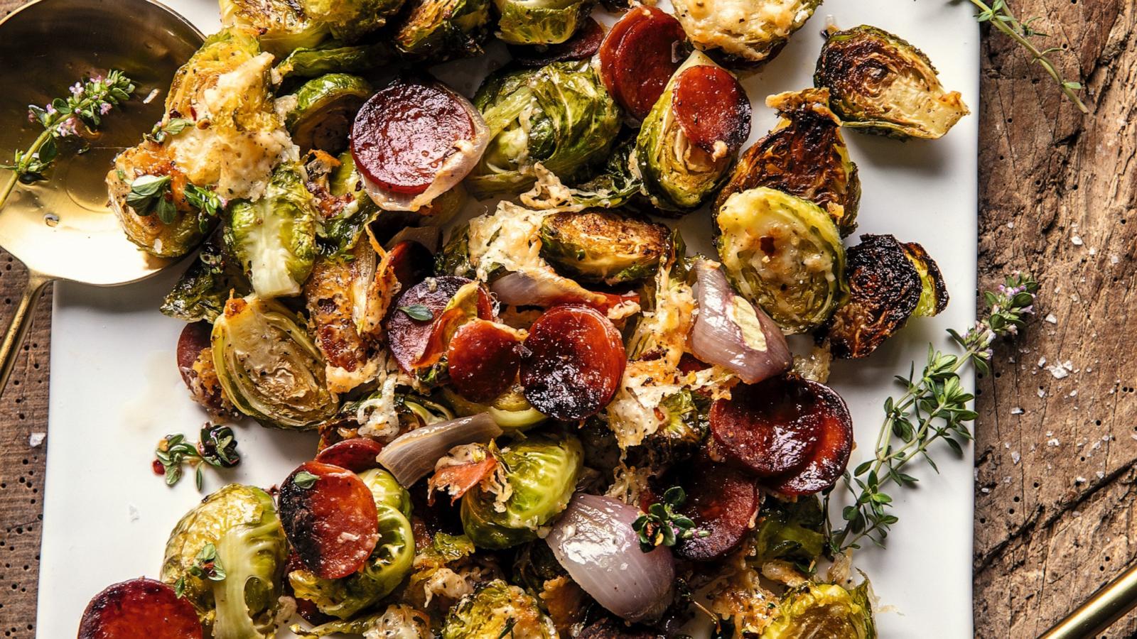 PHOTO: A platter of roasted pepperoni Brussels sprouts.