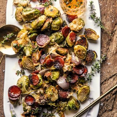 PHOTO: A platter of roasted pepperoni Brussels sprouts. 