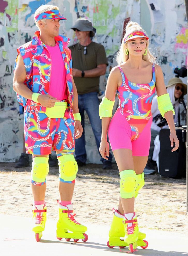 PHOTO: Margot Robbie and Ryan Gosling are seen rollerblading on the set of "Barbie" on June 28, 2022 in Los Angeles.