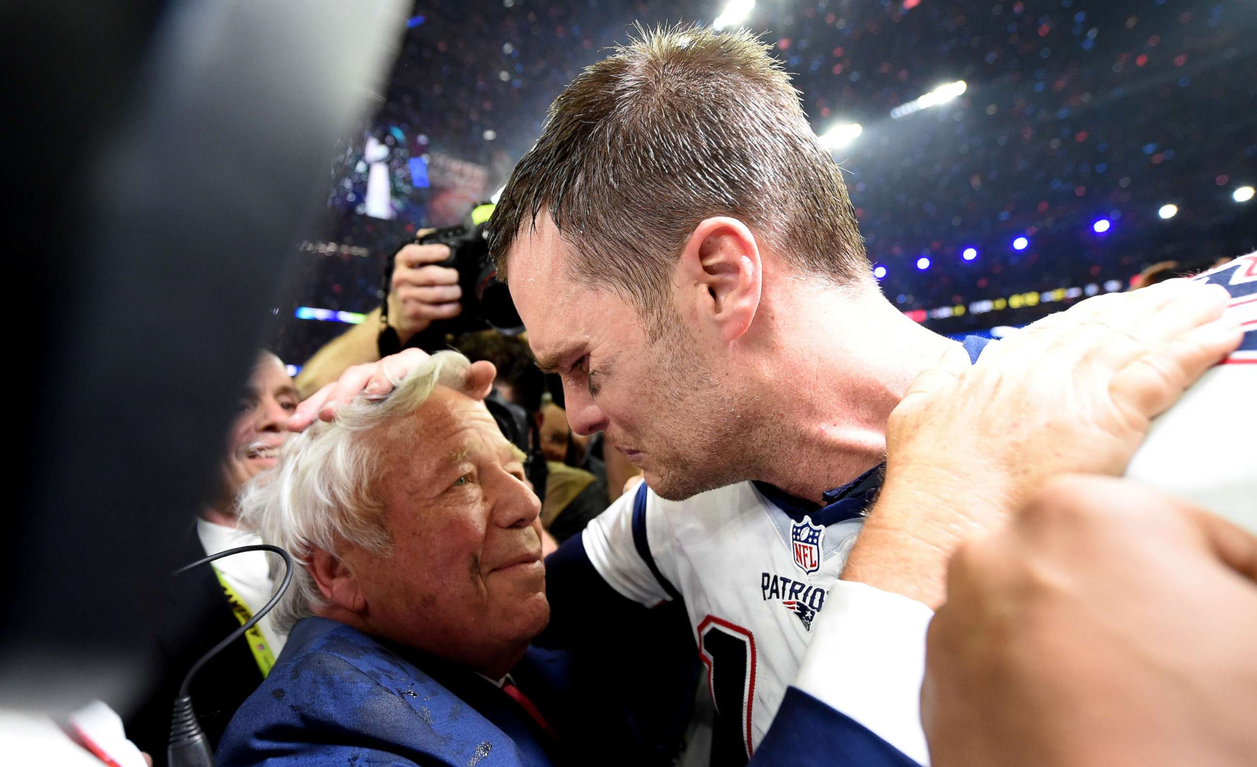 PHOTO: New England Patriots owner Robert Kraft and Tom Brady of the New England Patriots celebrate after defeating the Atlanta Falcons during Super Bowl 51 at NRG Stadium, Feb. 5, 2017, in Houston.