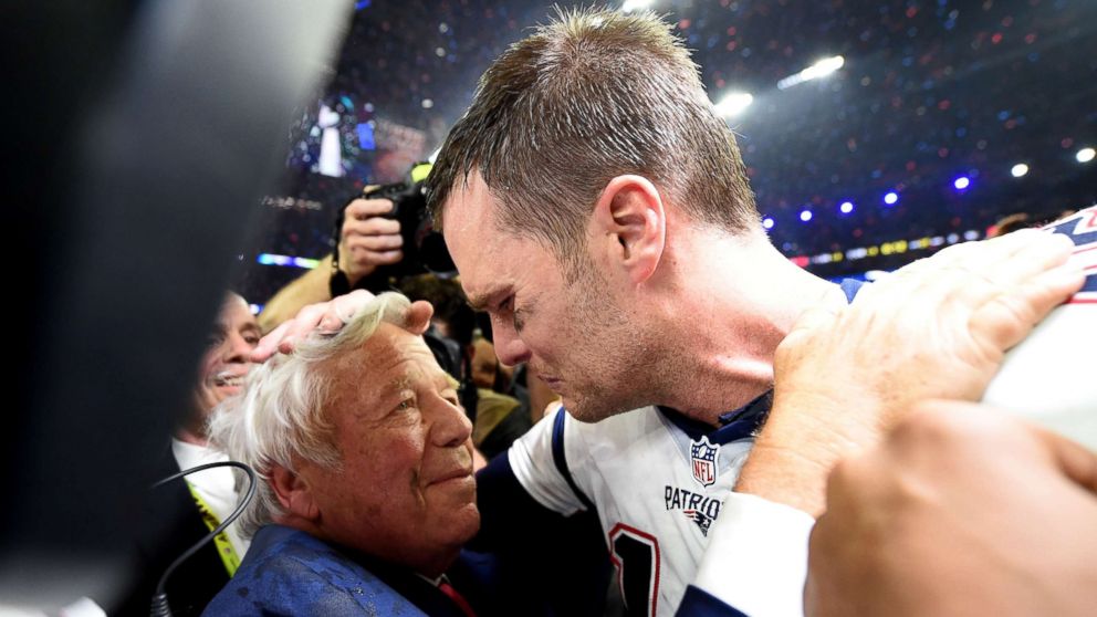 PHOTO: New England Patriots owner Robert Kraft and Tom Brady of the New England Patriots celebrate after defeating the Atlanta Falcons during Super Bowl 51 at NRG Stadium, Feb. 5, 2017, in Houston.