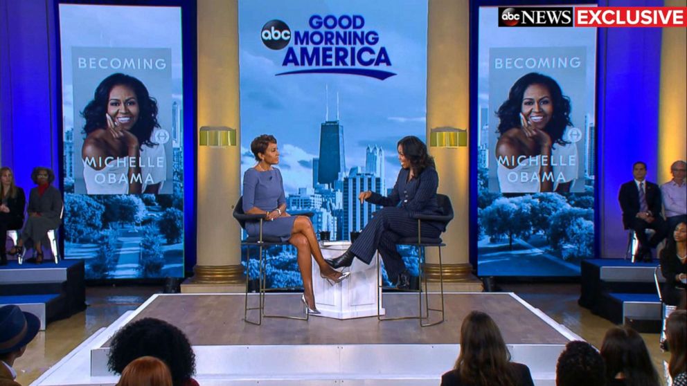 PHOTO: Former first lady Michelle Obama speaks out in an exclusive live interview with ABC News' Robin Roberts in Chicago about her memoir, "Becoming."