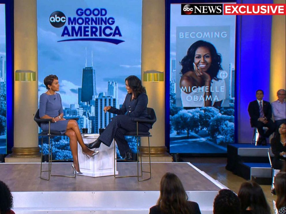 PHOTO: Former first lady Michelle Obama speaks out in an exclusive live interview with ABC News Robin Roberts in Chicago about her memoir, Becoming.