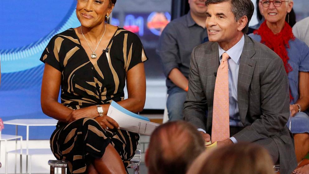 PHOTO: In this Sept. 23, 2019, file photo, Robin Roberts and George Stephanopoulus are shown during a taping of "Good Morning America," in New York.