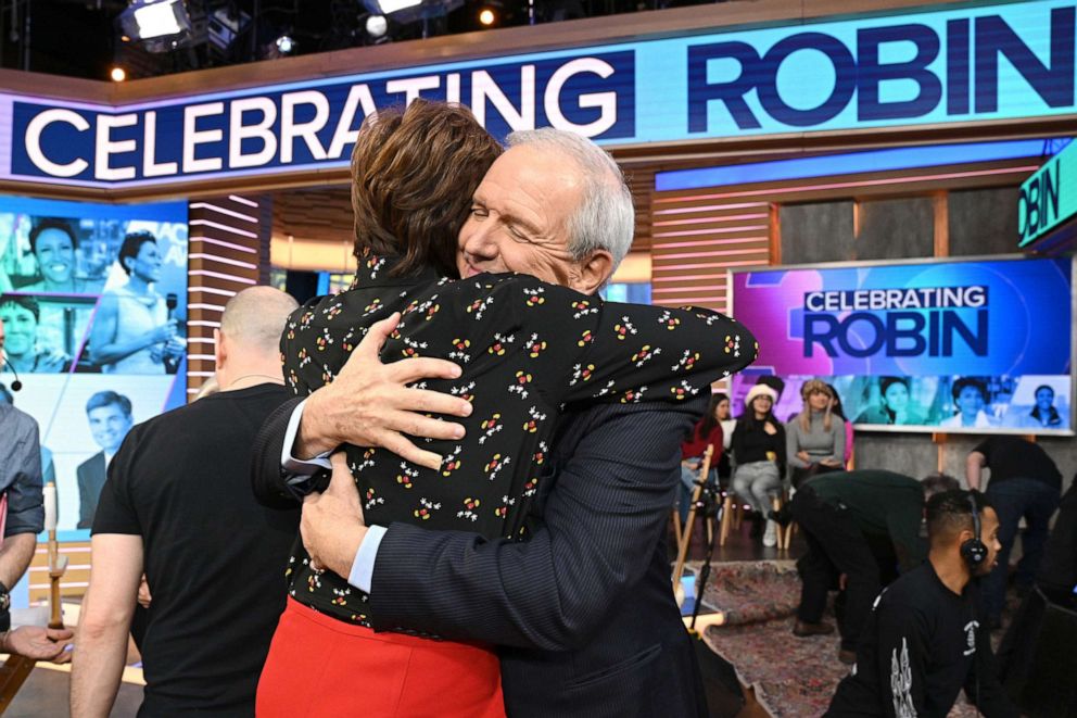 PHOTO: Robin Roberts and Charlie Gibson embrace on "Good Morning America" on Jan. 15, 2020 in celebration of her 30th anniversary at the Walt Disney Company.