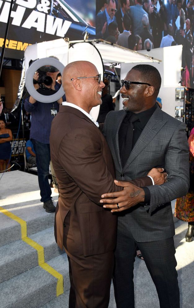 PHOTO:Dwayne Johnson and Idris Elba arrives at the premiere of Universal Pictures' "Fast & Furious Presents: Hobbs & Shaw" at Dolby Theatre, July 13, 2019, in Hollywood, Calif.