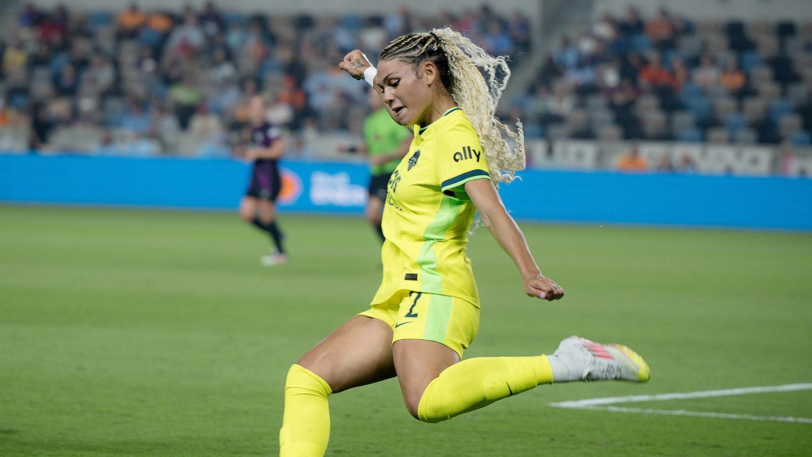 PHOTO: Trinity Rodman #2 of Washington Spirit kicks the ball in the second half during the NWSL match between Houston Dash and Washington Spirit at Shell Energy Stadium, March 14, 2025, in Houston, Texas.