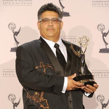 PHOTO: Costume designer Rodney Munoz poses with an Emmy Award for Outstanding Costumes for a Variety/Music Program or a Special (juried award) for "Jimmy Kimmel Live" in press room during the 62nd Primetime Creative Arts Emmy Awards in Los Angeles.