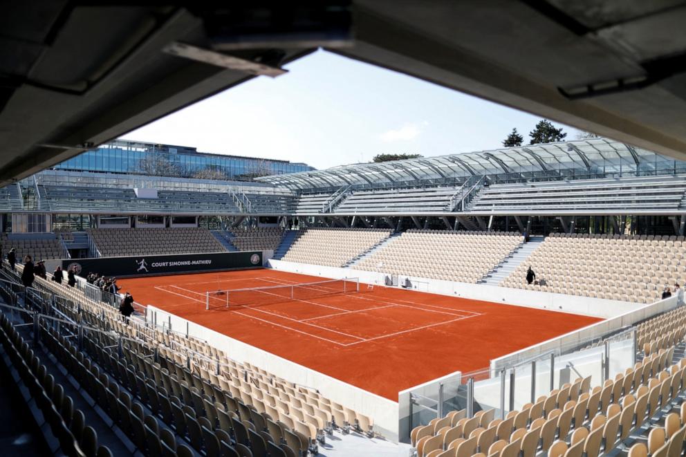 PHOTO: In this March 21, 2019 file photo, the tennis court at Roland-Garros stadium is seen during its opening ceremony in Paris.