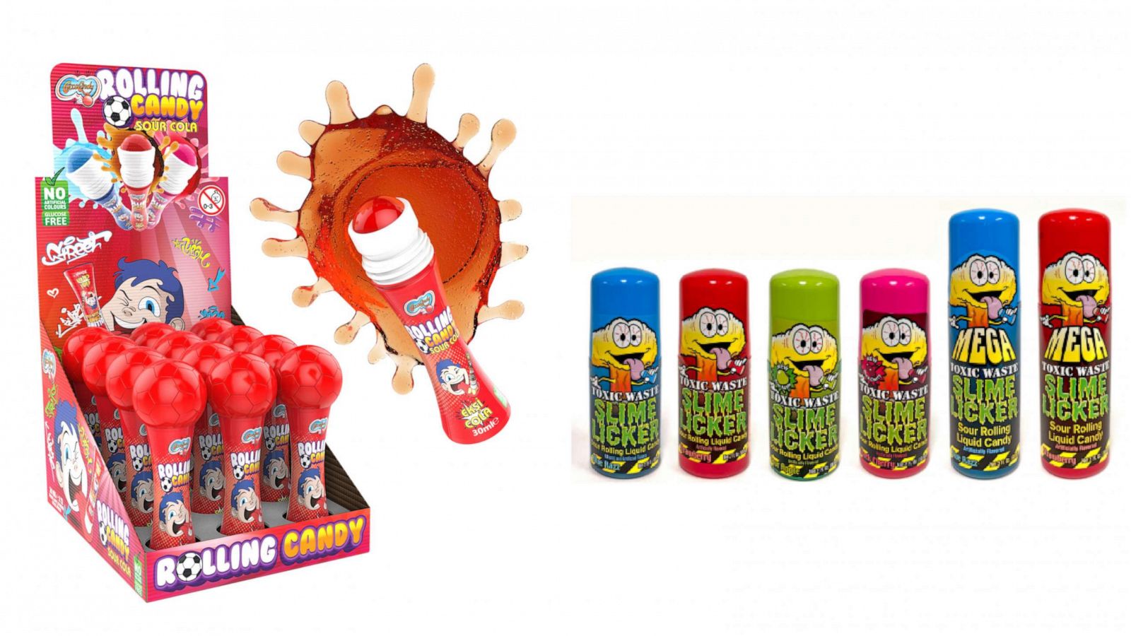 PHOTO: Cocco’s Candy Rolling Candy and Slime Licker Sour Rolling Liquid Candies. Millions of candy products with a rolling ball dispenser have been recalled due to a choking hazard by the Consumer Product Safety Comission.