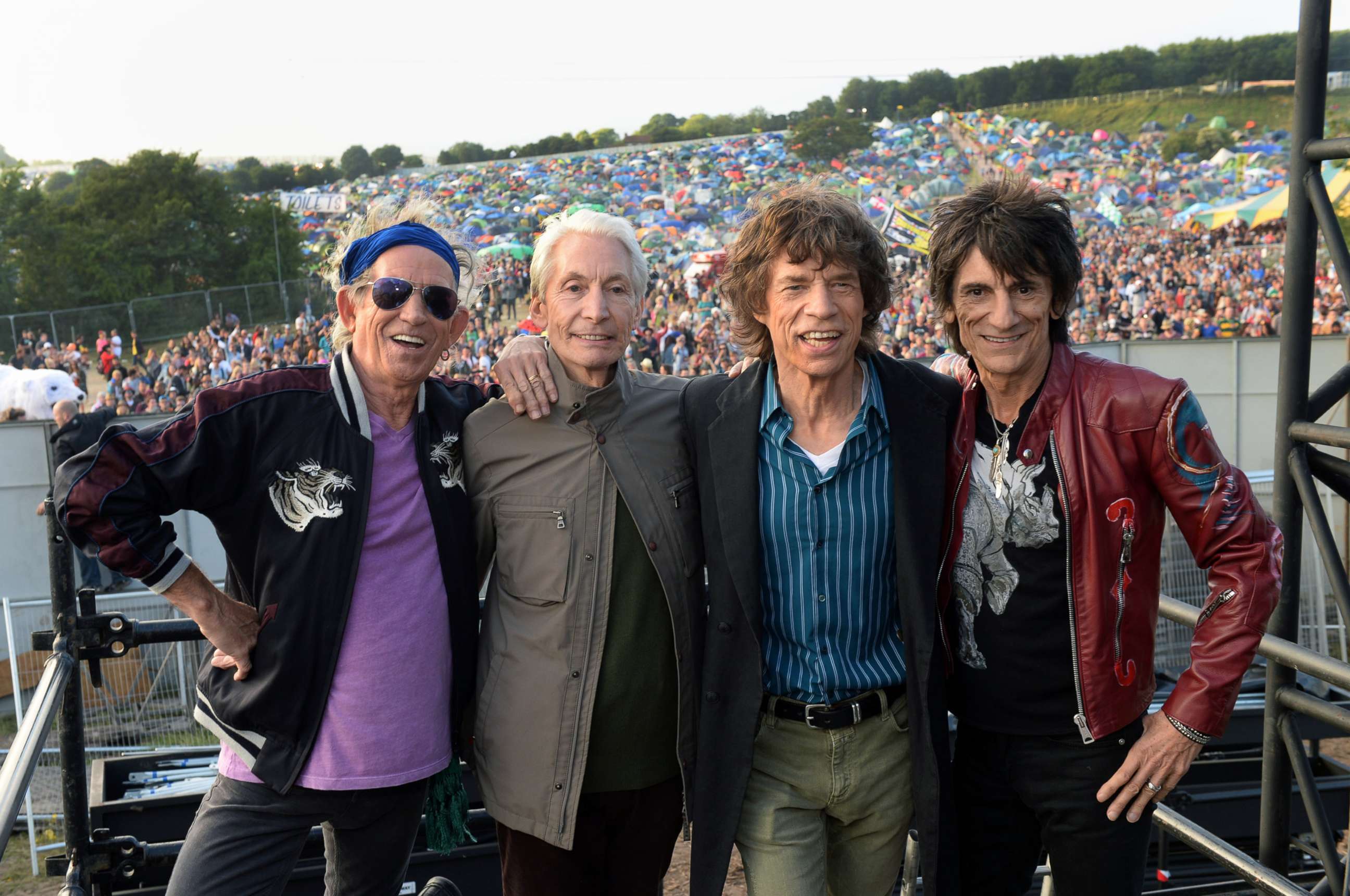 PHOTO: From left, Keith Richards, Charlie Watts, Mick Jagger and Ronnie Wood of The Rolling Stones pose backstage before their headlining performance at the 2013 Glastonbury Festival at Worthy Farm, June 29, 2013, in Glastonbury, England.