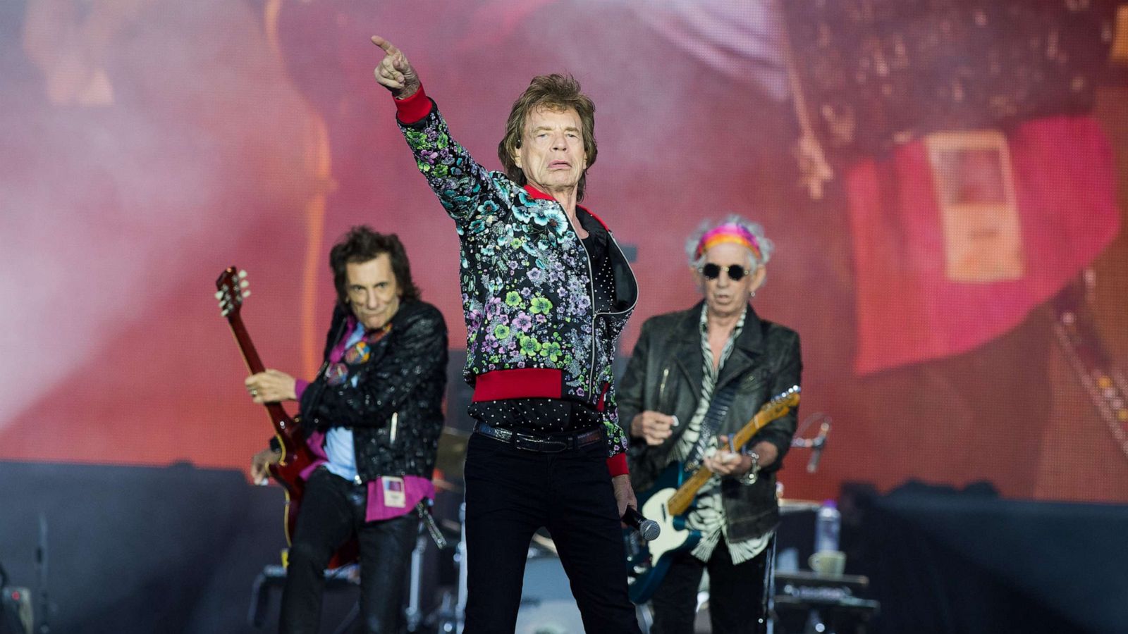 PHOTO: Mick Jagger, center, Keith Richards, right, and Ronnie Wood from The Rolling Stones perform at Hippodrome de Longchamp, July 23, 2022, in Paris.