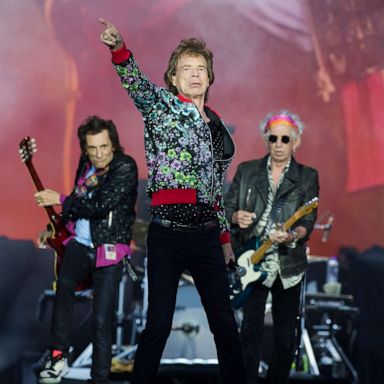 PHOTO: Mick Jagger, center, Keith Richards, right, and Ronnie Wood from The Rolling Stones perform at Hippodrome de Longchamp, July 23, 2022, in Paris.