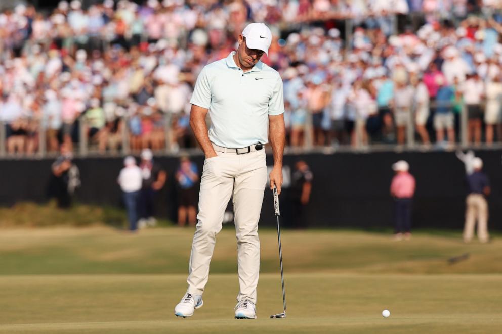 PHOTO: Rory McIlroy of Northern Ireland reacts after missing a par putt on the 18th hole during the final round of the 124th U.S. Open at Pinehurst Resort, June 16, 2024, in Pinehurst, North Carolina. 