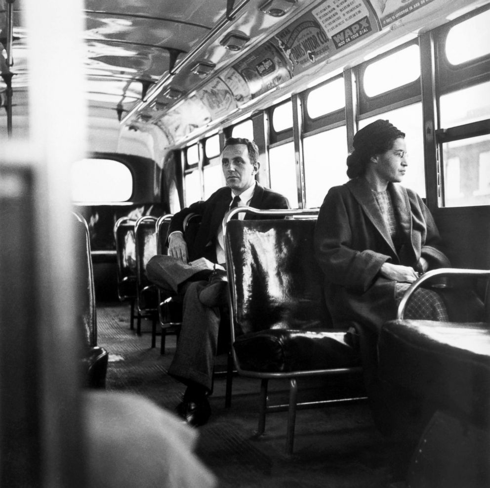 PHOTO: Rosa Parks sits in the front of a bus in Montgomery, Alabama, after the Supreme Court ruled segregation illegal on the city bus system, Dec. 21, 1956.