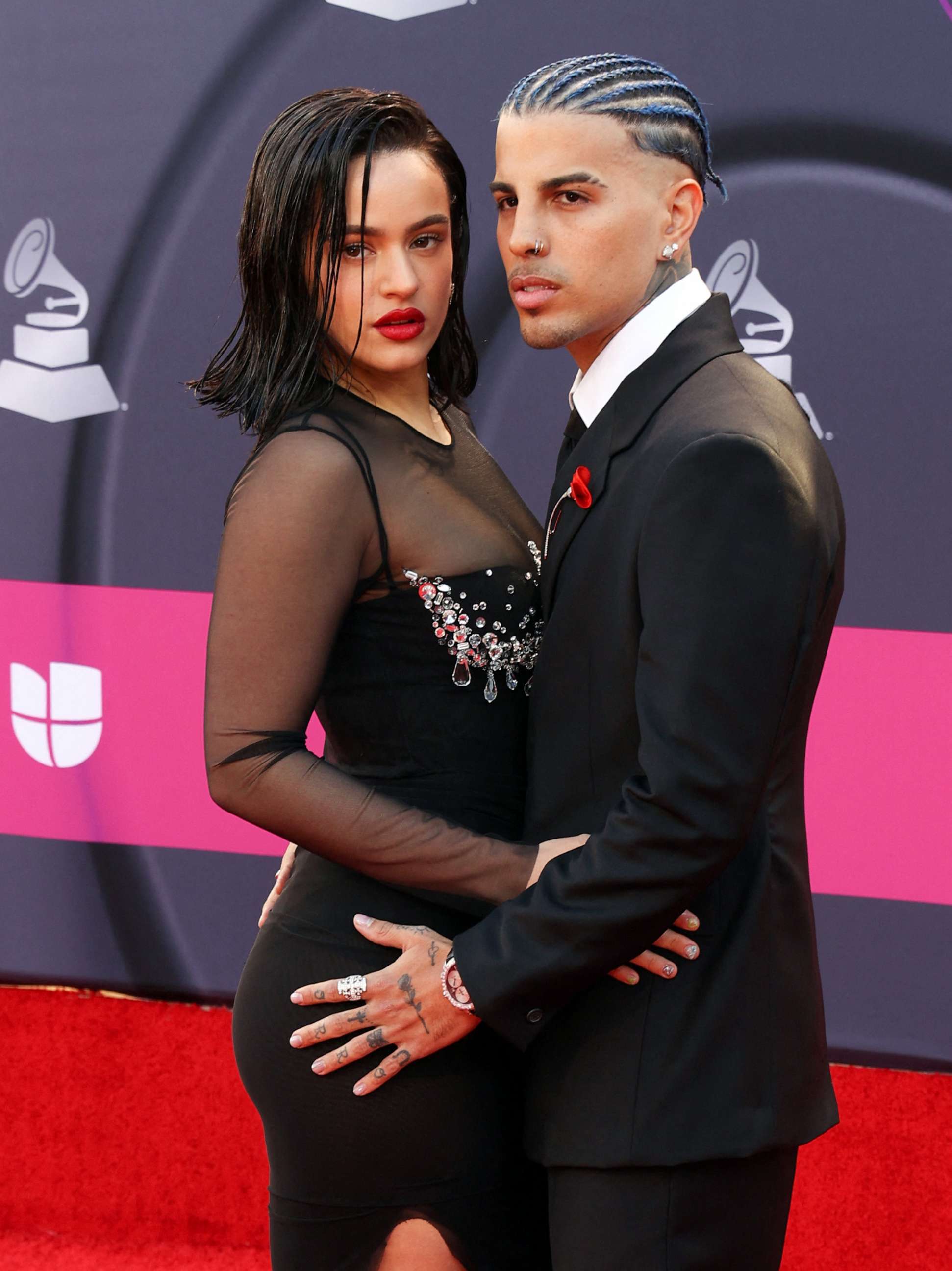 PHOTO: FILE - Puerto Rican singer Rauw Alejandro and Spanish singer Rosalia arrive for the 23rd Annual Latin Grammy awards at the Mandalay Bay's Michelob Ultra Arena in Las Vegas, Nov. 17, 2022.