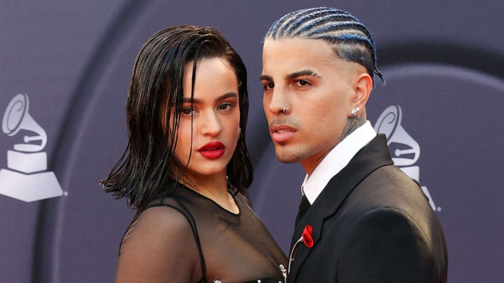 PHOTO: FILE - Puerto Rican singer Rauw Alejandro and Spanish singer Rosalia arrive for the 23rd Annual Latin Grammy awards at the Mandalay Bay's Michelob Ultra Arena in Las Vegas, Nov. 17, 2022.