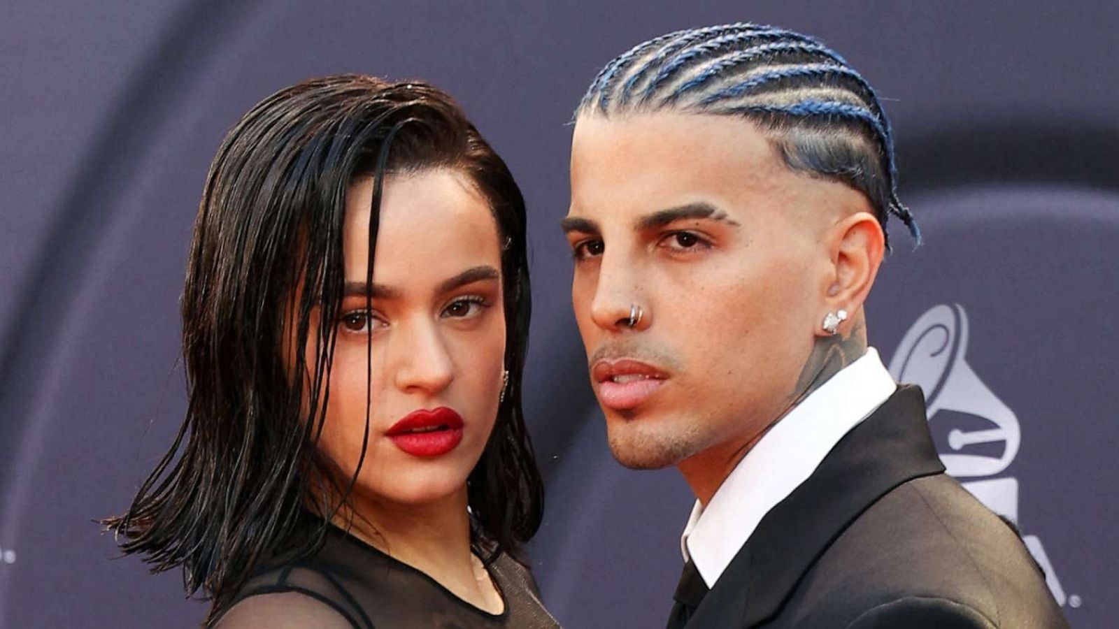 PHOTO: FILE - Puerto Rican singer Rauw Alejandro and Spanish singer Rosalia arrive for the 23rd Annual Latin Grammy awards at the Mandalay Bay's Michelob Ultra Arena in Las Vegas, Nov. 17, 2022.