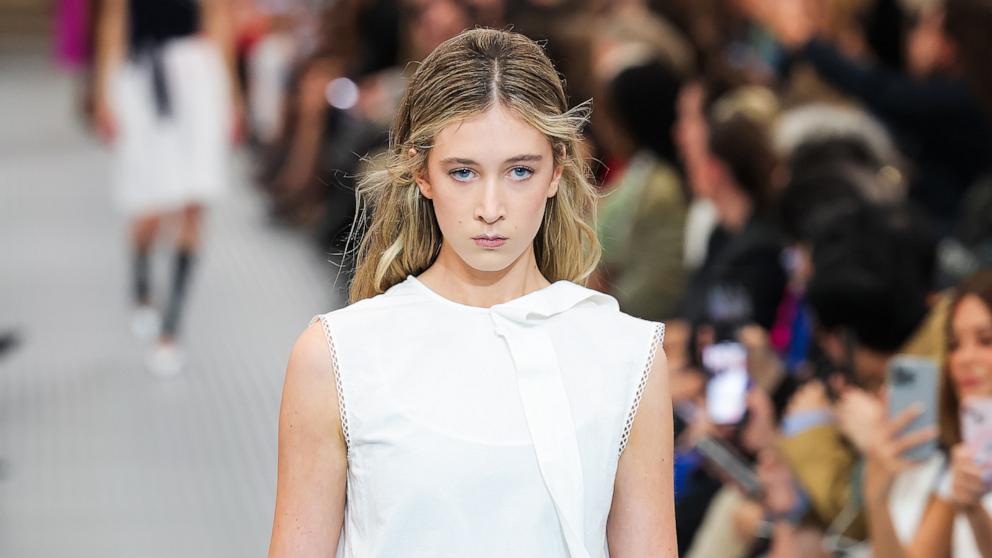 PHOTO: Sunday Rose walks the runway during the Miu Miu Paris Womenswear Spring-Summer 2025 show as part of Paris Fashion Week, Oct. 1, 2024, in Paris.