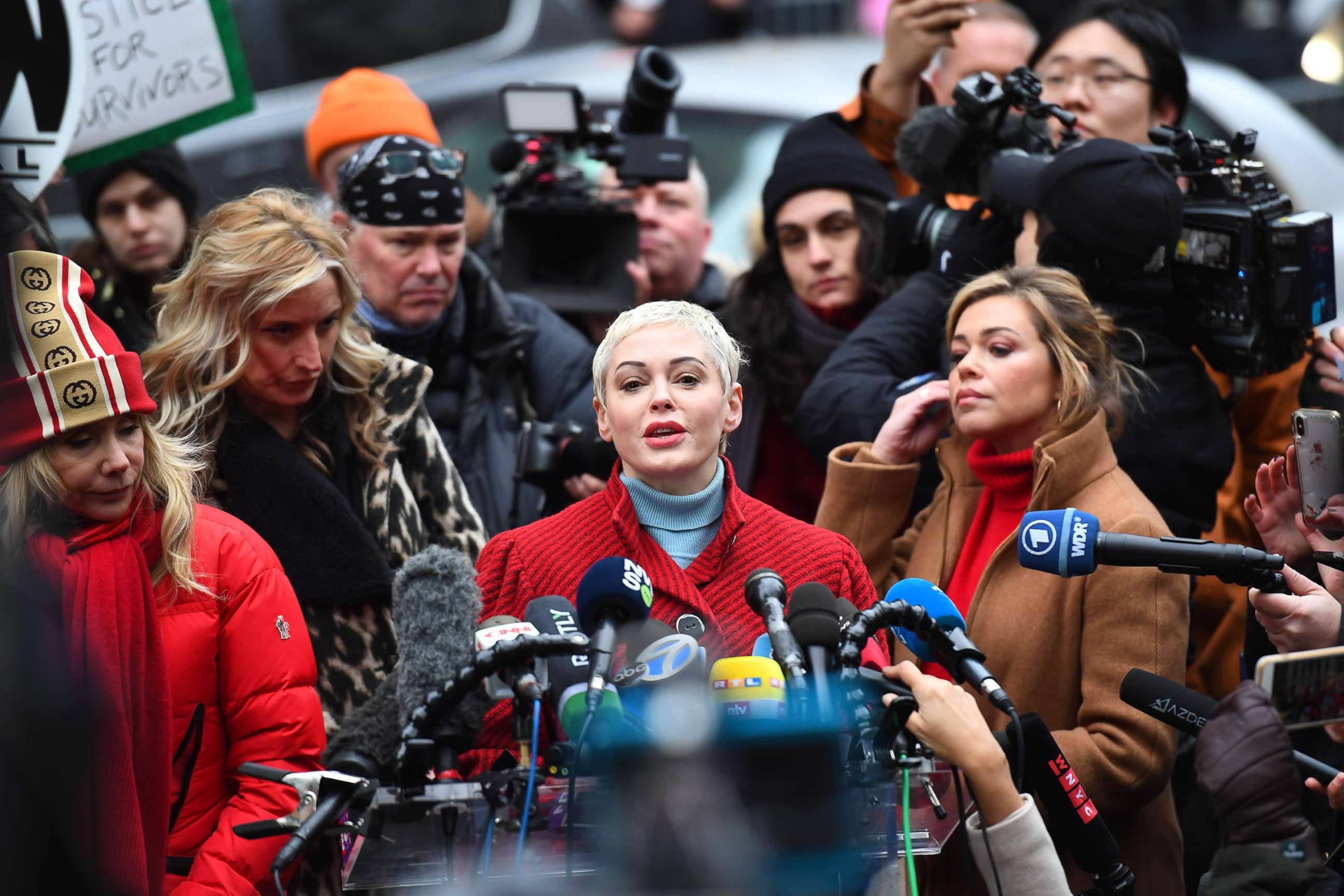 PHOTO: Rose McGowan speaks during a press conference, after Harvey Weinstein arrived at State Supreme Court, Jan. 6, 2020, on the first day of his criminal trial on charges of rape and sexual assault in New York.