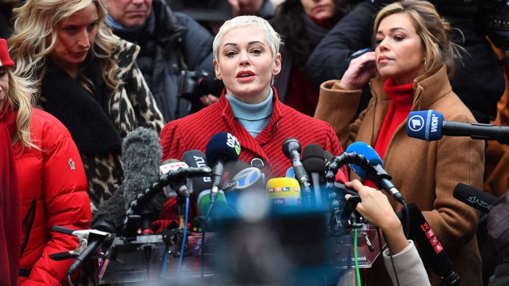 PHOTO: Rose McGowan speaks during a press conference, after Harvey Weinstein arrived at State Supreme Court, Jan. 6, 2020, on the first day of his criminal trial on charges of rape and sexual assault in New York.