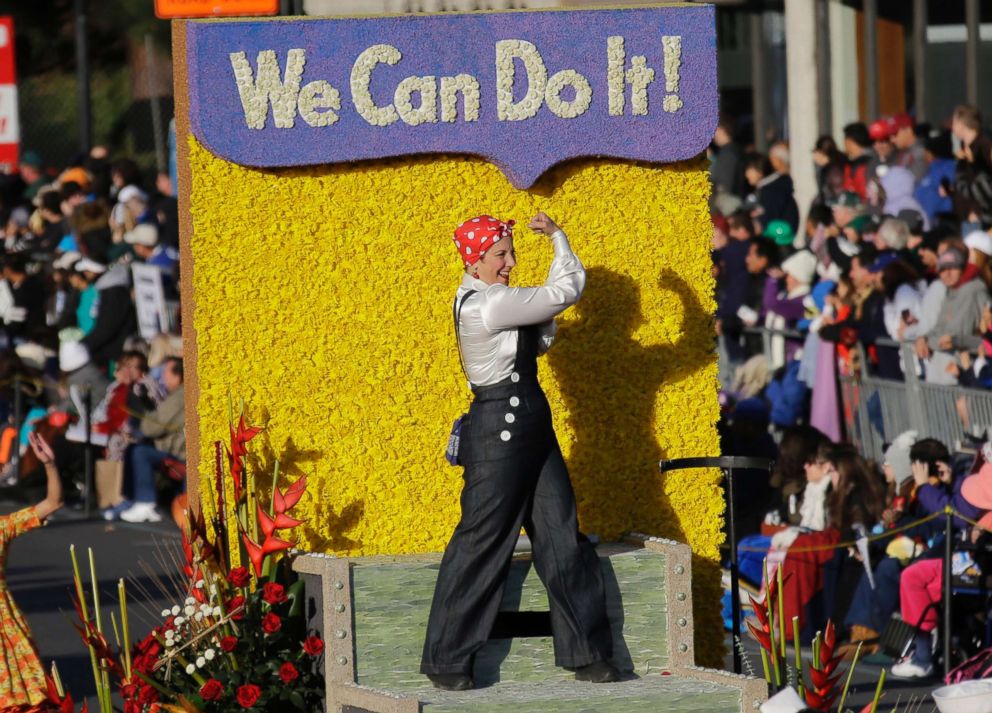 PHOTO: A Rosie the Riveter figure is seen aboard the Wells Fargo float in the 125th Rose Parade in Pasadena, Calif., Jan. 1, 2014.