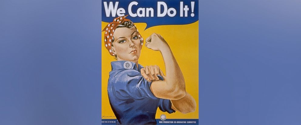 PHOTO: WWII patriotic We Can Do It poster by J. Howard Miller featuring a woman factory worker in bandana rolling up her sleeve & flexing her arm muscles. 