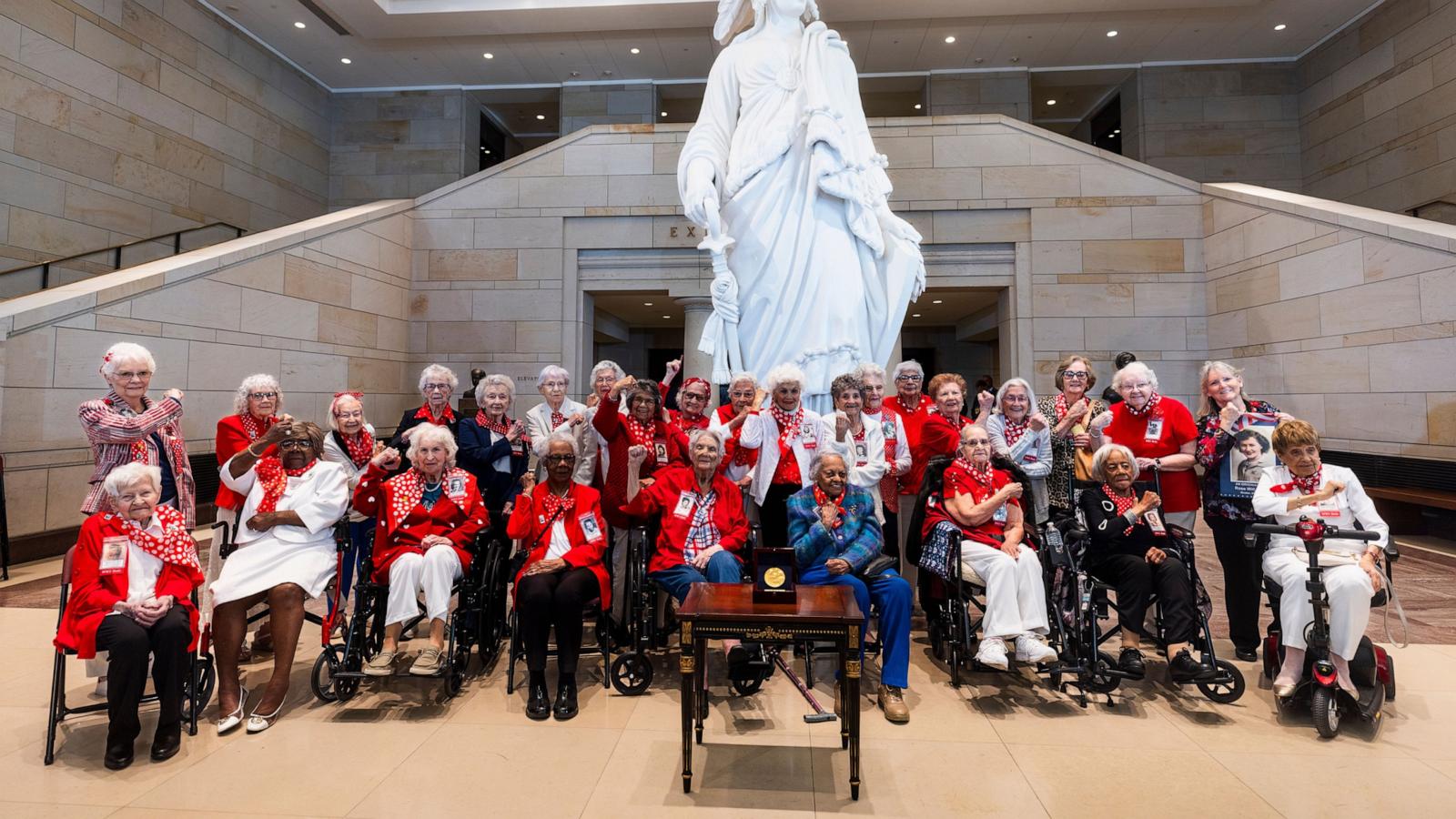 PHOTO: Twenty-eight so-called 'Rosie the Riveters,' pose for a group photo ahead of a Congressional Gold Medal ceremony honoring their service in the US Capitol, in Washington, D.C., on April 10, 2024.