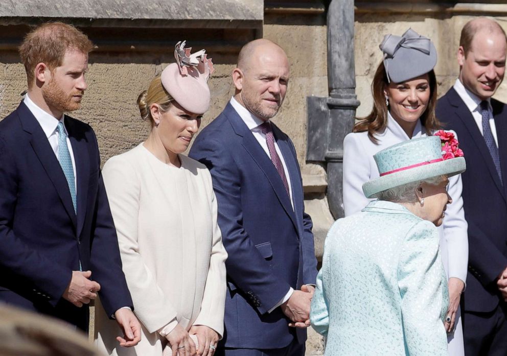 PHOTO: Queen Elizabeth, Catherine, Duchess of Cambridge, Prince William, Prince Harry, Zara Phillips and Mike Tindall arrive at the Easter Mattins Service at St. George's Chapel in Windsor, Britain, April 21, 2019. 