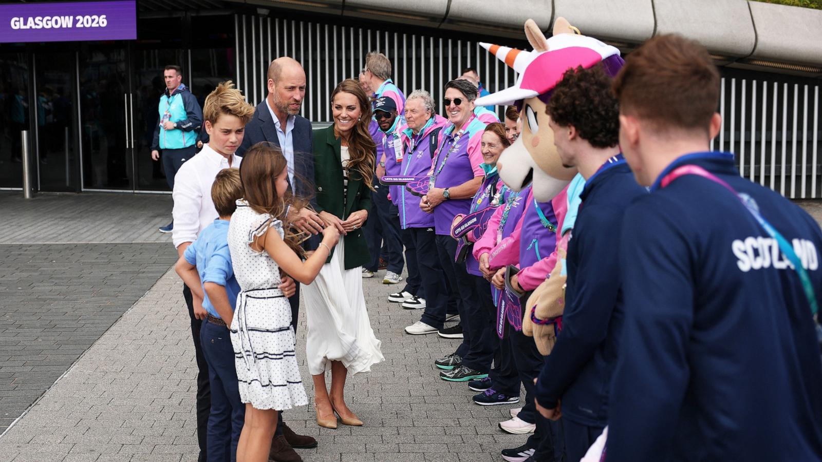 PHOTO: Britain's William, Prince of Wales, Catherine, Princess of Wales, Princess Charlotte, Prince George and Prince Louis with volunteers and athletes outside the arena of the Commonwealth Games 2026 on Aug 1, 2026, in Glasgow, Scotland.