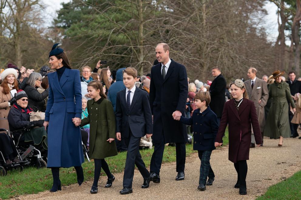 PHOTO: (L-R) The Princess of Wales, Princess Charlotte, Prince George, the Prince of Wales, Prince Louis and Mia Tindall attend the Christmas Day morning church service at St. Mary Magdalene Church, Dec. 25, 2023, in Sandringham, Norfolk, England.