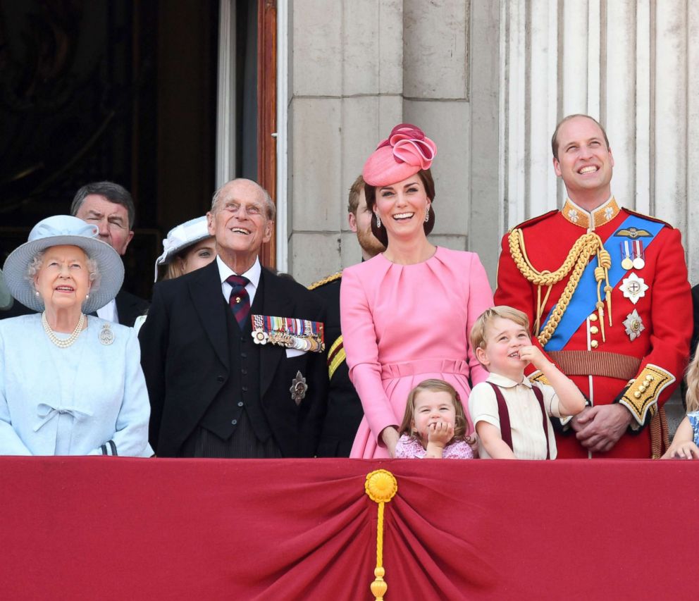 Queen Elizabeth II, Prince Philip, Catherine, Duchess of Cambridge, Princess Charlotte of Cambridge, Prince George of Cambridge and Prince William, Duke of Cambridge at the annual Trooping The Colour parade at the Mall, June 17, 2017, in London.