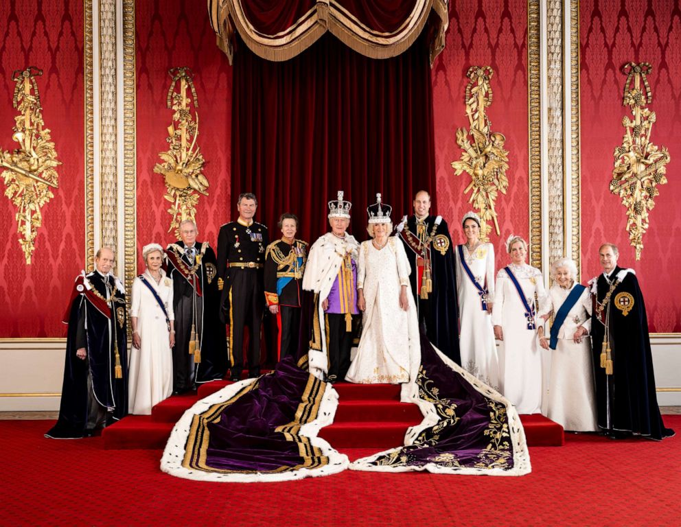 PHOTO: Britain's King Charles III and Queen Camilla are pictured with members of the working royal family, in the Throne Room at Buckingham Palace, London, in a photo made available by Buckingham Palace, May 8, 2023, following the coronation.