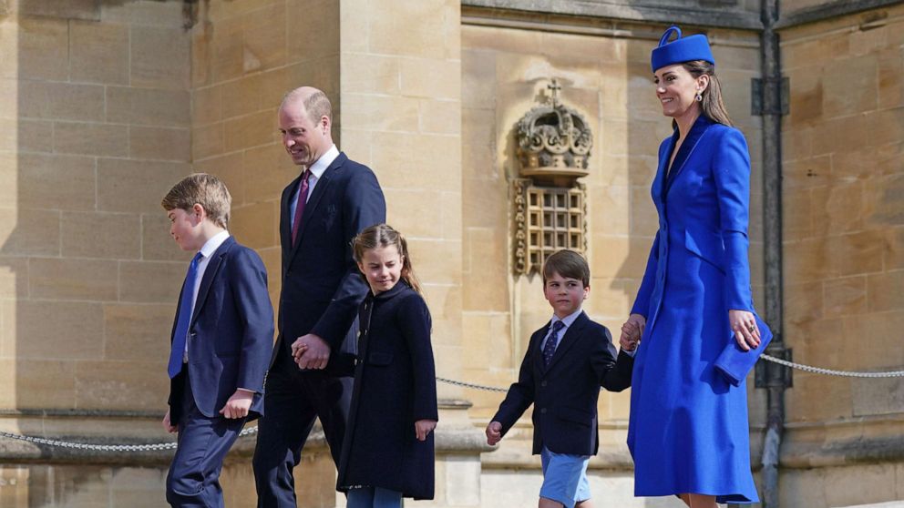 PHOTO: Prince George of Wales, Prince William, Prince of Wales, Princess Charlotte of Wales, Prince Louis of Wales and Catharine, Princess of Wales attend the Easter Mattins Service at Windsor Castle on April 9, 2023 in Windsor, England.
