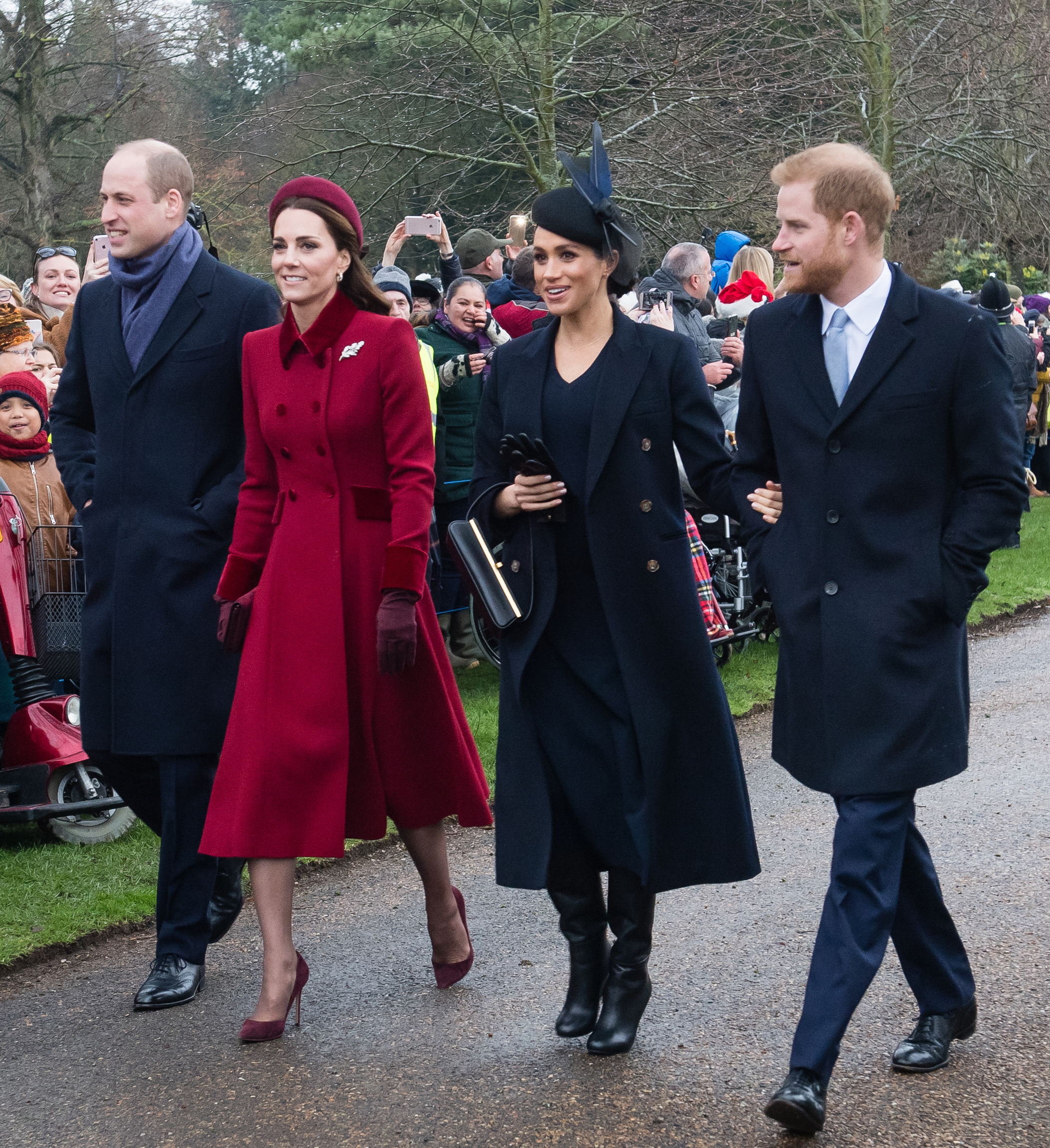 PHOTO: Prince William, Duke of Cambridge, Catherine, Duchess of Cambridge, Meghan, Duchess of Sussex and Prince Harry, Duke of Sussex attend Christmas Day Church service at Church of St Mary Magdalene, Dec. 25, 2018, in King's Lynn, England.