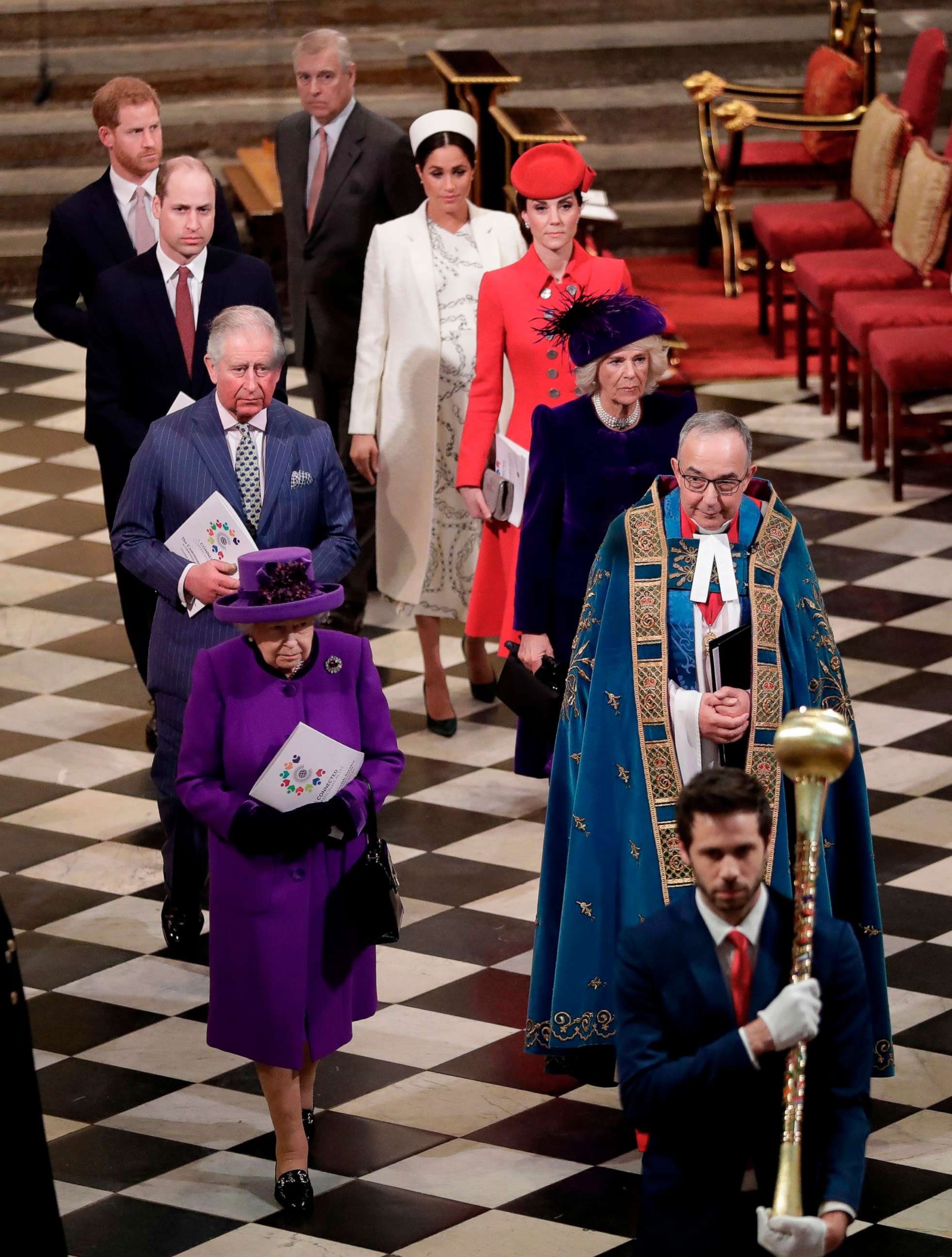 PHOTO: Queen Elizabeth II, Prince Andrew, Prince Charles, Camilla, Prince William, Catherine, Prince Harry and Meghan, leave after attending the Commonwealth Day service at Westminster Abbey in London on March 11, 2019.