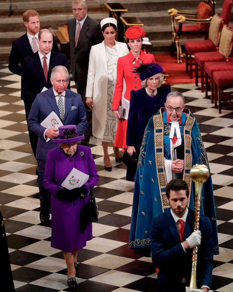 PHOTO: Queen Elizabeth II, Prince Andrew, Prince Charles, Camilla, Prince William, Catherine, Prince Harry and Meghan, leave after attending the Commonwealth Day service at Westminster Abbey in London on March 11, 2019.