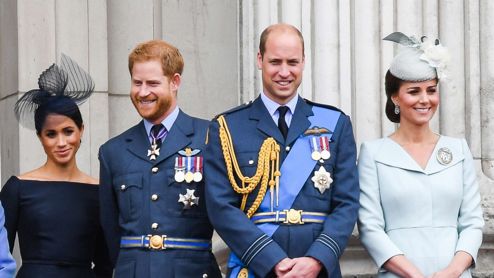 PHOTO: Meghan, Duchess of Sussex, Prince Harry, Duke of Sussex, Prince William, Duke of Cambridge and Catherine, Duchess of Cambridge at Buckingham Palace to view a flypast to mark the centenary of the Royal Air Force, July 10, 2018, in London.