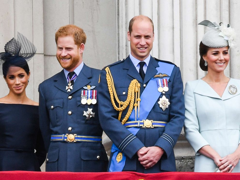 PHOTO: Meghan, Duchess of Sussex, Prince Harry, Duke of Sussex, Prince William, Duke of Cambridge and Catherine, Duchess of Cambridge at Buckingham Palace to view a flypast to mark the centenary of the Royal Air Force, July 10, 2018, in London.