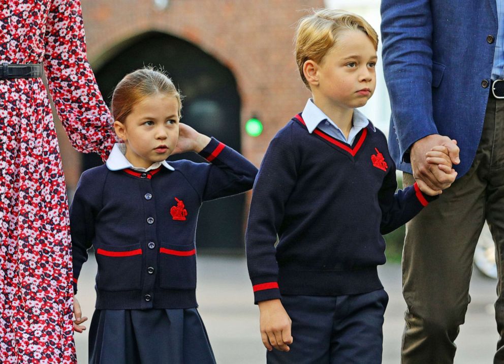 PHOTO: Princess Charlotte arrives for her first day of school at Thomas's Battersea in London, with her brother Prince George and her parents the Duke and Duchess of Cambridge, Sept. 5, 2019, in London.