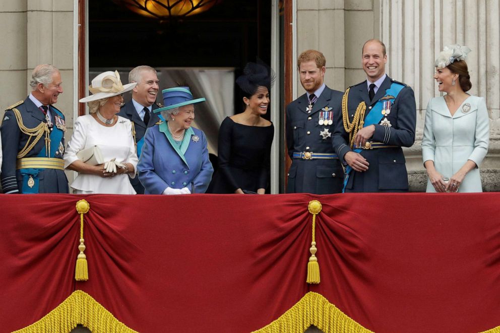 PHOTO: FILE - Britain's Queen Elizabeth II, at centre left, and from left, Prince Charles, Camilla the Duchess of Cornwall, Prince Andrew, Meghan the Duchess of Sussex, Prince Harry, Prince William and Kate the Duchess of Cambridge, London, July 10, 2018.