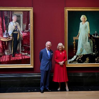 PHOTO: King Charles III and Queen Camilla pose with their official Coronation State Portraits during a visit to The National Gallery on May 06, 2025 in London, England.