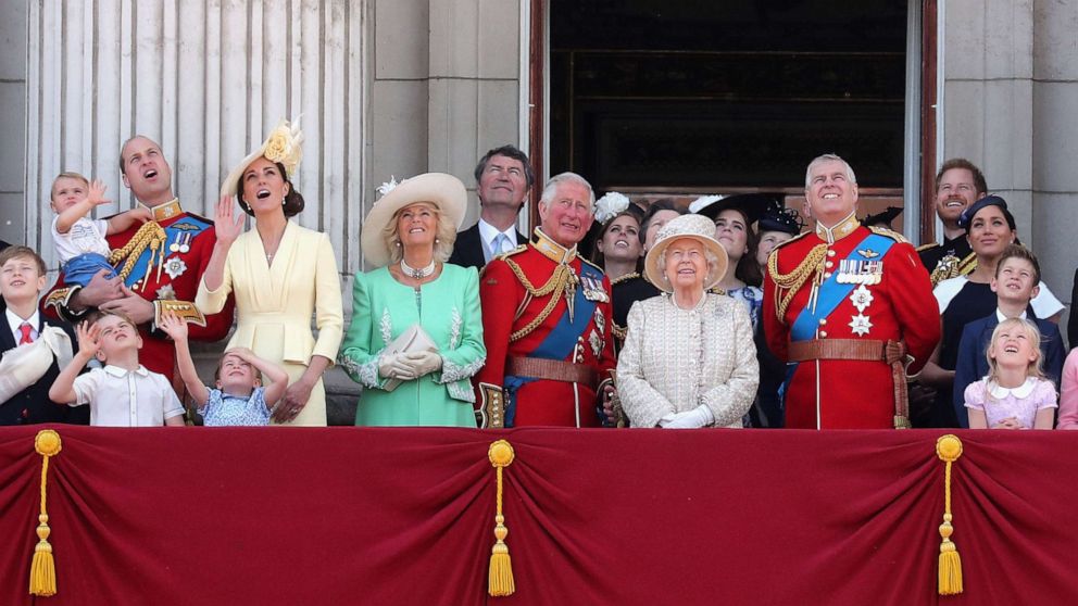 PHOTO: Prince William, Duke of Cambridge, Catherine, Duchess of Cambridge, Prince Louis, Prince George, and Princess Charlotte, are shown during Trooping The Colour, the Queen's annual birthday parade, on June 8, 2019, in London.